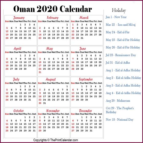 Calendar 2020 Oman Oman 2020 Yearly Printable Calendar
