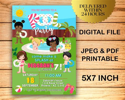 Pool Party Invitations Girl Pool Party Invitations Pool Etsy