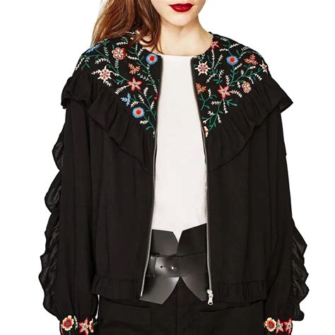 Black Jacket Women 2017new Floral Embroidery Ruffles Sweet Jacket O