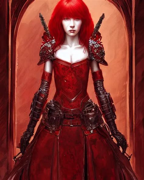 Redhead Queen Knight In Heavy Red Armor Inside Grand Stable
