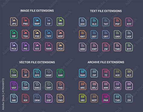 Colored File Extension Flat Vector Icons Image Text Archive Vector