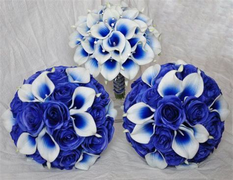 Wedding Bouquet Royal Blue Picasso Calla Lily Roses Bridal Bouquet