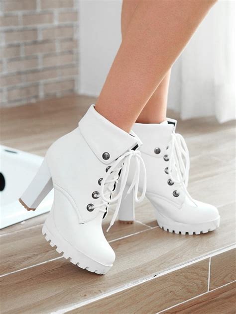 White Round Toe Chunky Rivet Lace Up Fashion High Heeled Ankle Boots Boots Shoes
