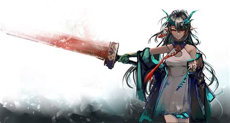 1920x1080px 1080p free download dusk arknights anime games red eyes elf ears horns