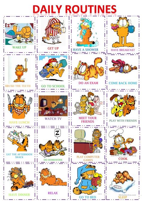 Garfield Daily Routines Poster Flash Cards Set Worksheet Free Esl