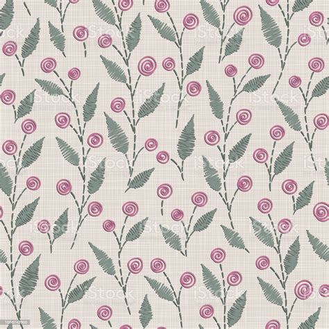 Embroidery Floral Seamless Pattern On Linen Cloth Texture Stock