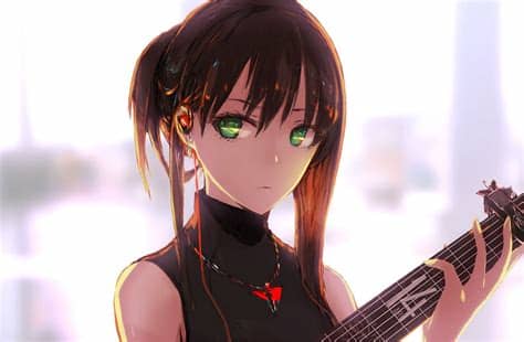 Hand drawn illustration isolated on white. Brown hair green eyes guitar headphones idolmaster ...