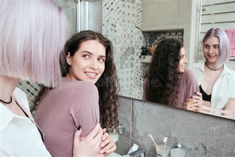 Happy Lesbians In Bathroom Stock Image Image Of Adult 244124501