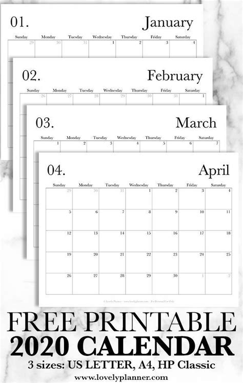 Free Printable 2020 Monthly Calendar Classic Lovely Planner In 2020
