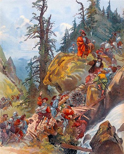 An Old Painting Shows People On The Side Of A Mountain