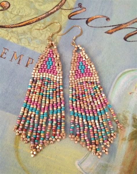 Beaded Earrings Pink Coral Sand Long Metallic Fringe Earringsby