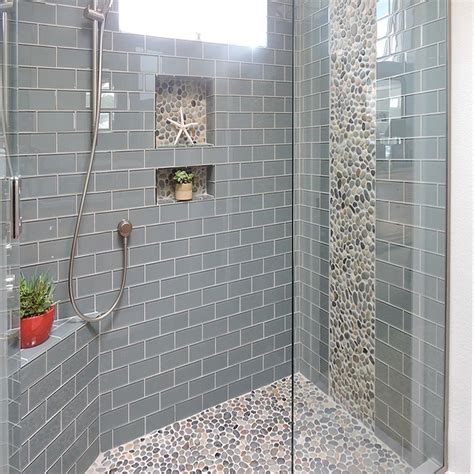 Ocean Glass Subway Tile In 2020 With Images Pebble Tile Shower