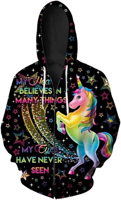 Rainbow Unicorn Print 3d Zip Hooded Sweatshirt Clothing