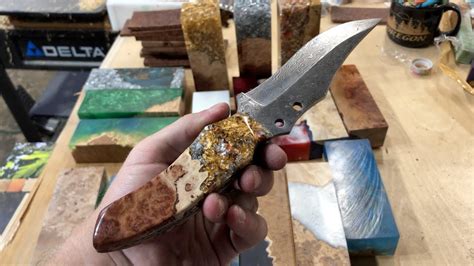 Damascus Steel Knife With Hybrid Resin And Burl Handle Youtube