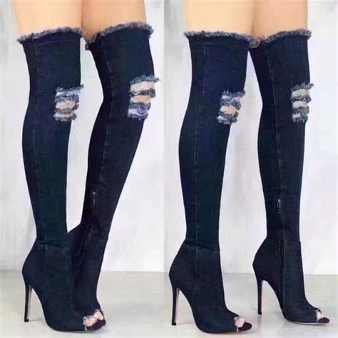 Lady Peep Toe Over The Knee Zip Denim Motorcycle Boots Shoes Party Plus Size 36 41 Women Sexy