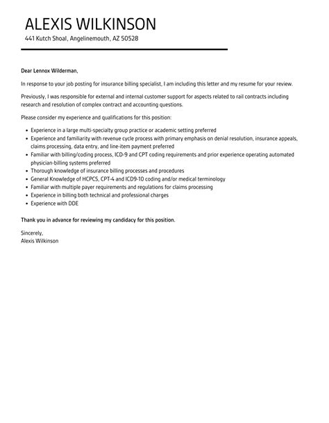 Insurance Billing Specialist Cover Letter | Velvet Jobs