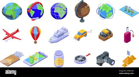 Around The World Icons Set Isometric Vector World Globe Arrow Earth