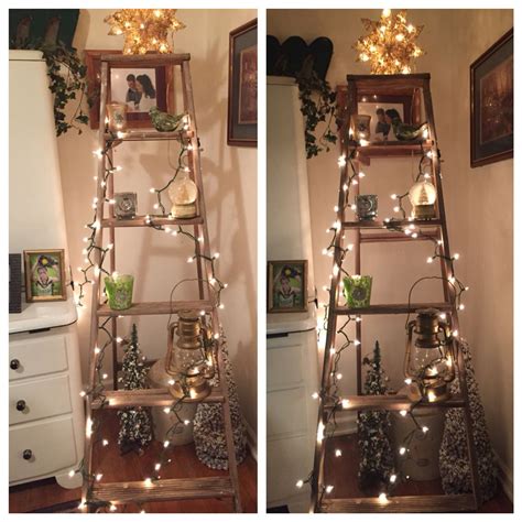 I love how they make the greenery twinkle. Old wooden ladder used for Christmas decor. | Christmas ...