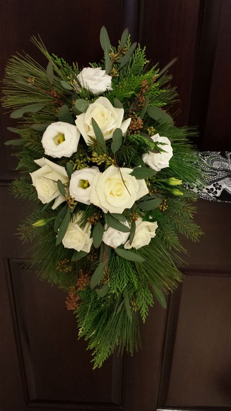 Winter Bridal Cascade Bouquet With White Pine Flat Cedar Greens