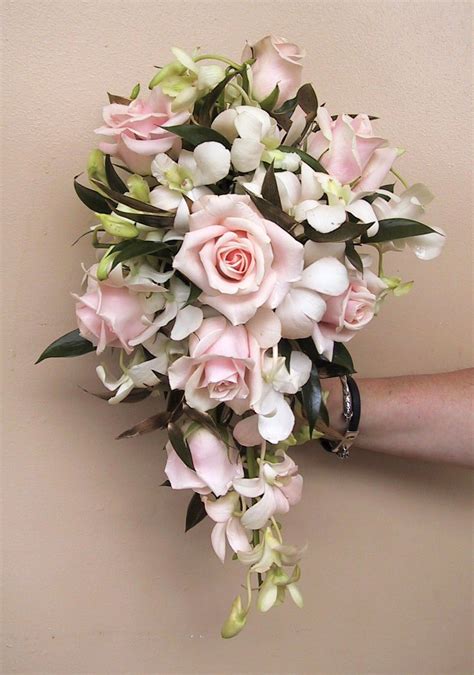 Cascade Wedding Bouquet With Pale Pink Roses And White Dendrobium