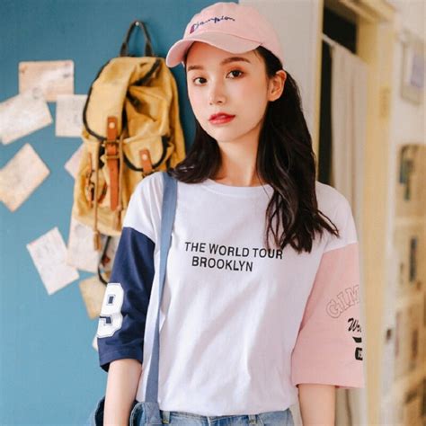 Korean Fresh Color Collision Letter Print T Shirt Women Sweet