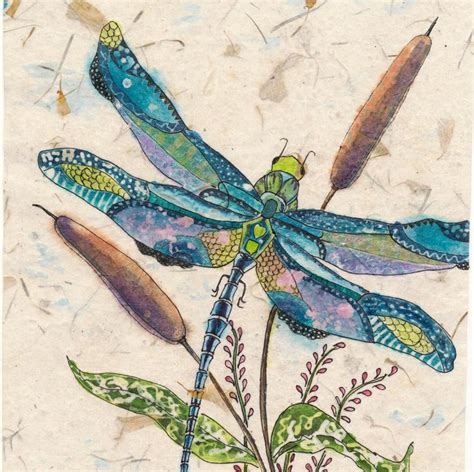 Dragonfly With Cattails Watercolor Batik Painting Dragonfly Etsy