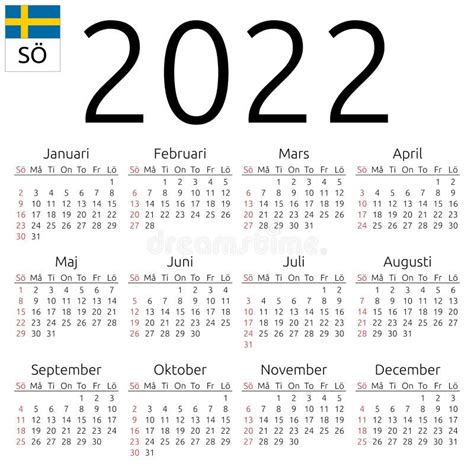 Calendar 2022 Swedish Sunday Stock Vector Illustration Of Clean