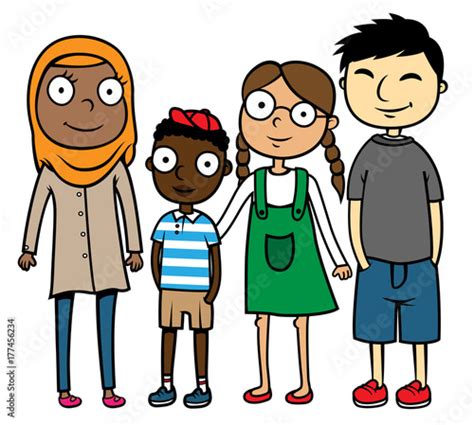 Cartoon Vector Illustration Of Happy Multicultural Multiracial Children