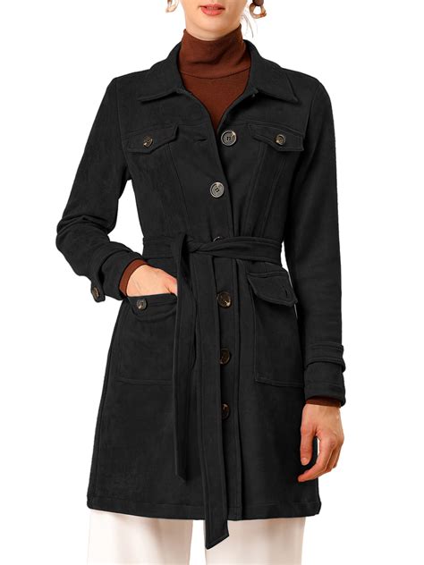 Unique Bargains Womens Tie Waist Single Breasted Suede Trench Coat