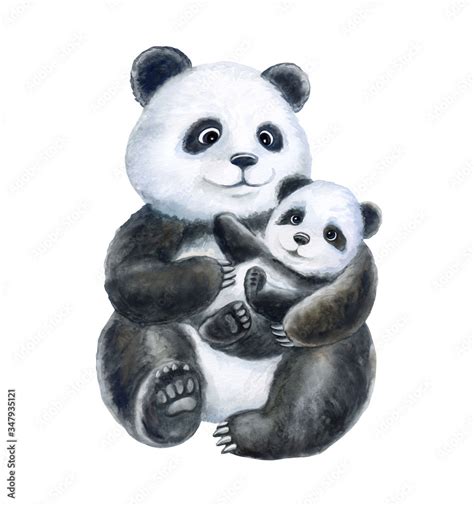 ภาพประกอบสต็อก Panda Mom And Baby Isolated On White Background Cute