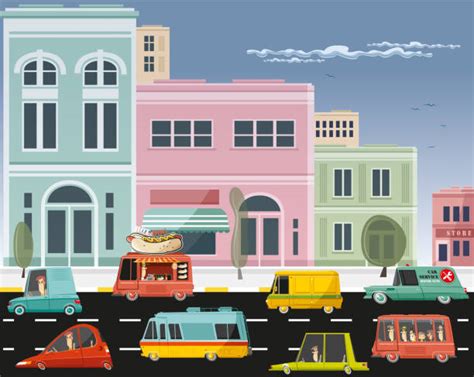 Drawing Of The Busy Street Scene Illustrations Royalty Free Vector