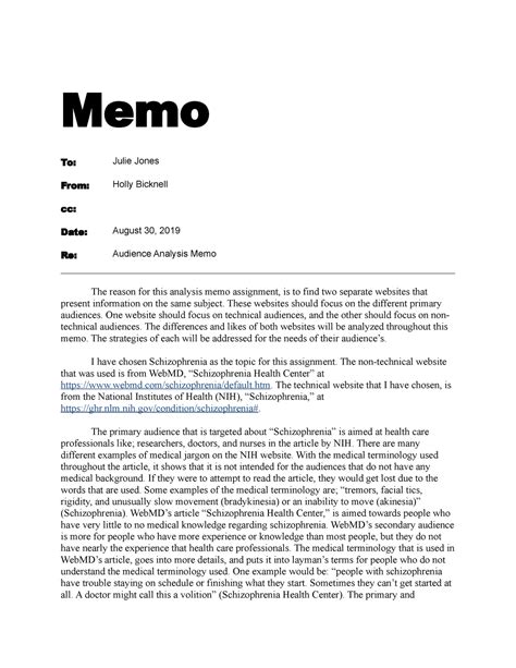 Memo 1 Technical Writing Memo To Julie Jones From Holly Bicknell Cc