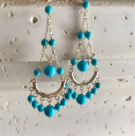 Turquoise Dangle Bead Long Earrings K Gold Gemstone Chandelier
