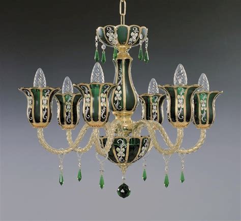 6 Arm Green Crystal Chandelier Made Of Panelled Art Glass Gold And Green