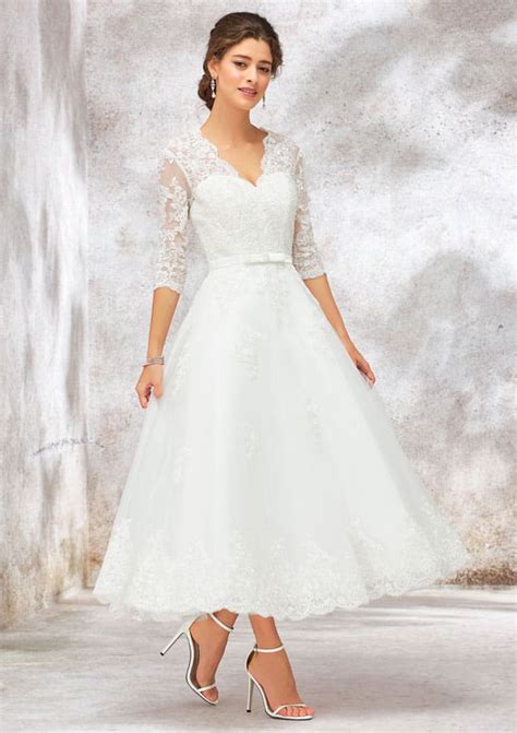 A Line V Neck Tea Length Tulle Lace Wedding Dress With Bowknot
