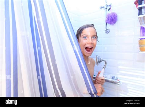 France Young Boy In The Bathroom Taking Shower Stock Photo Alamy