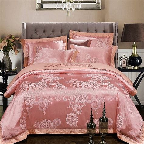 Pink Luxury Bedding Set Satin Jacquard Bedspread Embroidered European