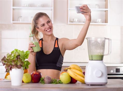 Girl Taking Selfie With Fresh Smoothie Stock Image Image Of Attractive Fitness 108317319