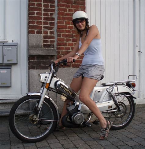 Nice Girl On Mobylette Mofa Bicycle Moped Riding