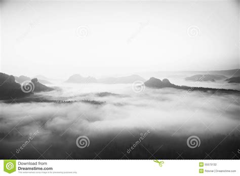 Misty Melancholic Morning View Into Long Deep Valley Full