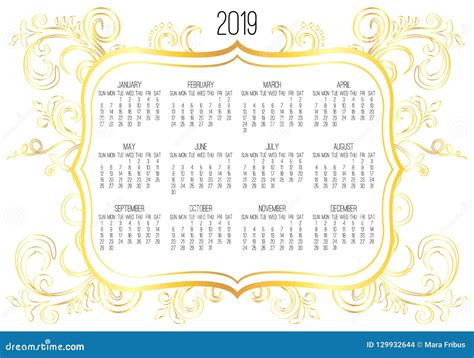 Year 2019 Monthly Golden Calendar Stock Vector Illustration Of