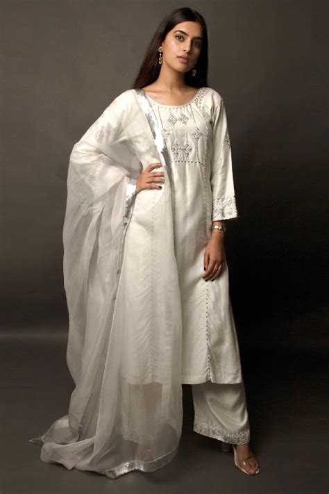 buy grey cotton silk round embroidered kurta palazzo set for women by jasmine bains online at