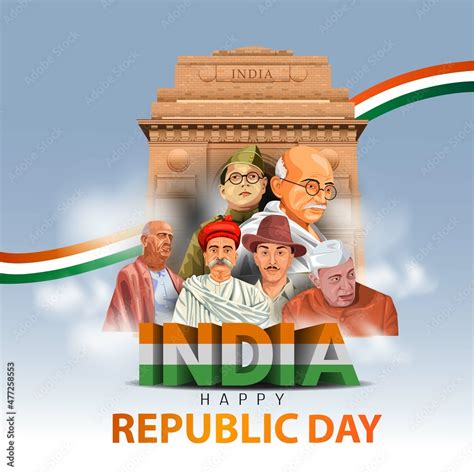 Happy Republic Day India Freedom Fighters With India Gate Vector