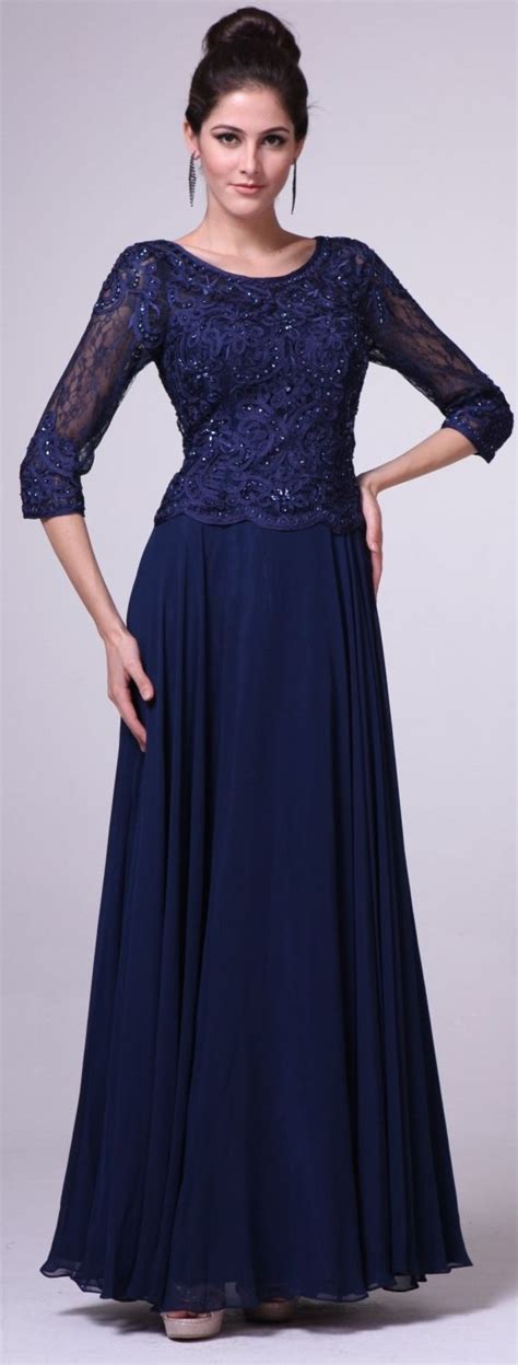 Mid Length Lace Sleeve Mother Of Groom Dress Navy Blue Long Mother Of