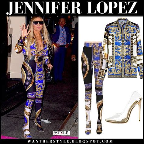 Jennifer Lopez In Blue Printed Plunging Shirt And Matching Printed