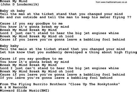 Break My Mind By The Byrds Lyrics With Pdf
