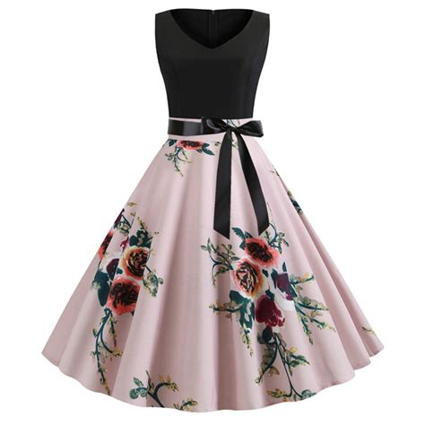 Vintage Tea Dresses For Women 1950 S Floral Sleeveless V Neck Retro Swing Prom A Line Midi