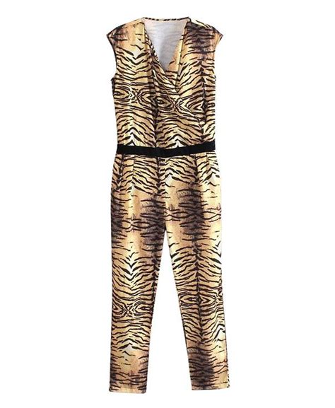 Tiger Stripes Printed V Neckline Jumpsuit Rompers Womens Jumpsuit