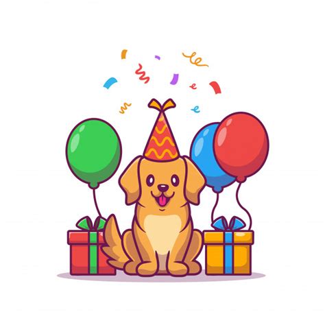 Cute Dog Birthday With Ts And Balloons Cartoon