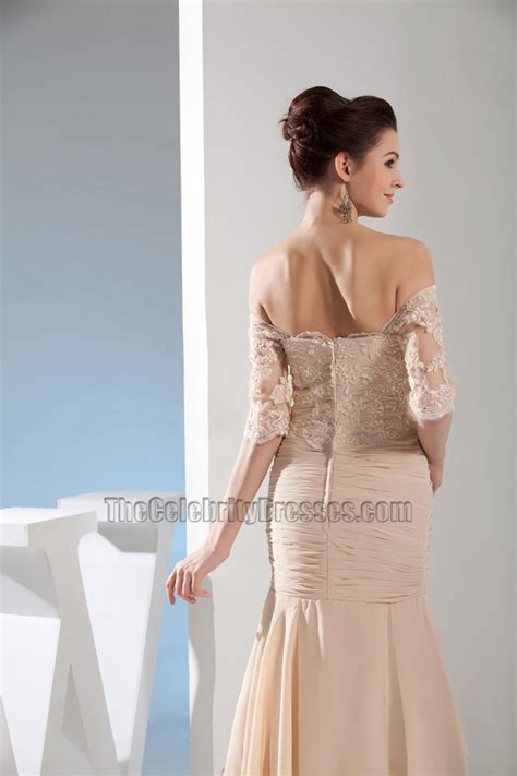 Champagne Lace Chiffon Off The Shoulder Formal Gown
